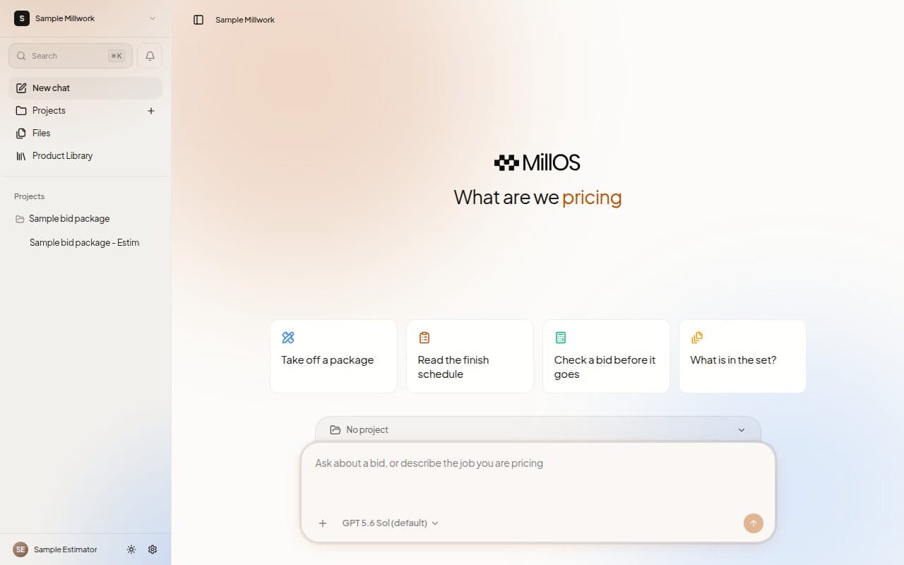 The MillOS home page with four starting cards and the message box