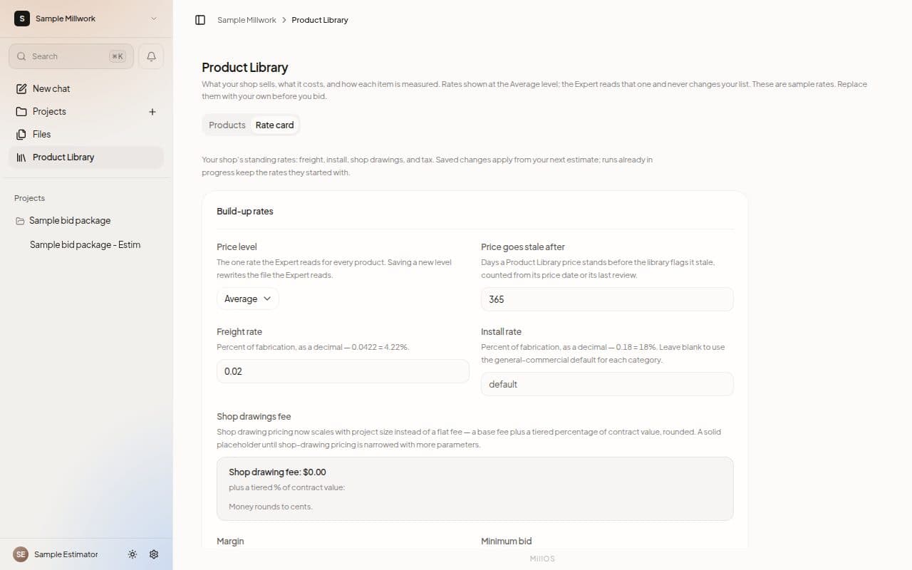 The Rate card tab of the Product Library