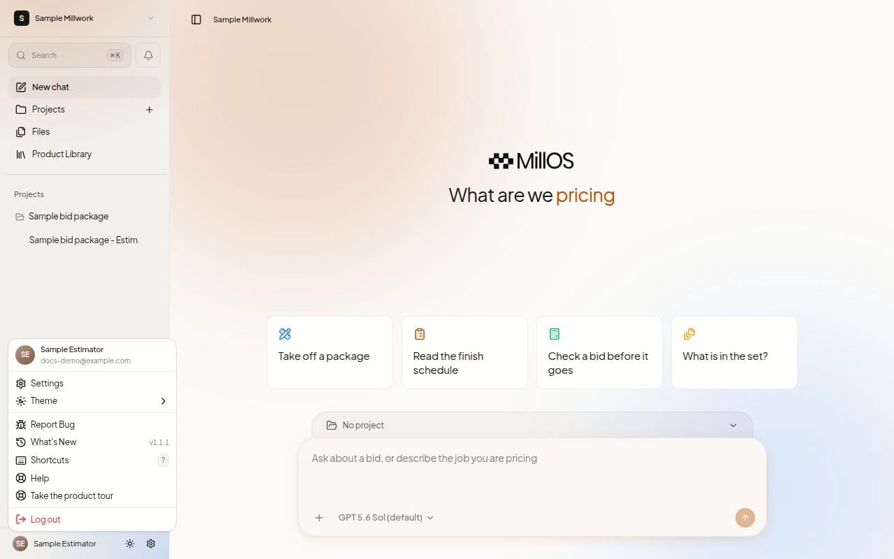 The profile menu open at the bottom of the sidebar