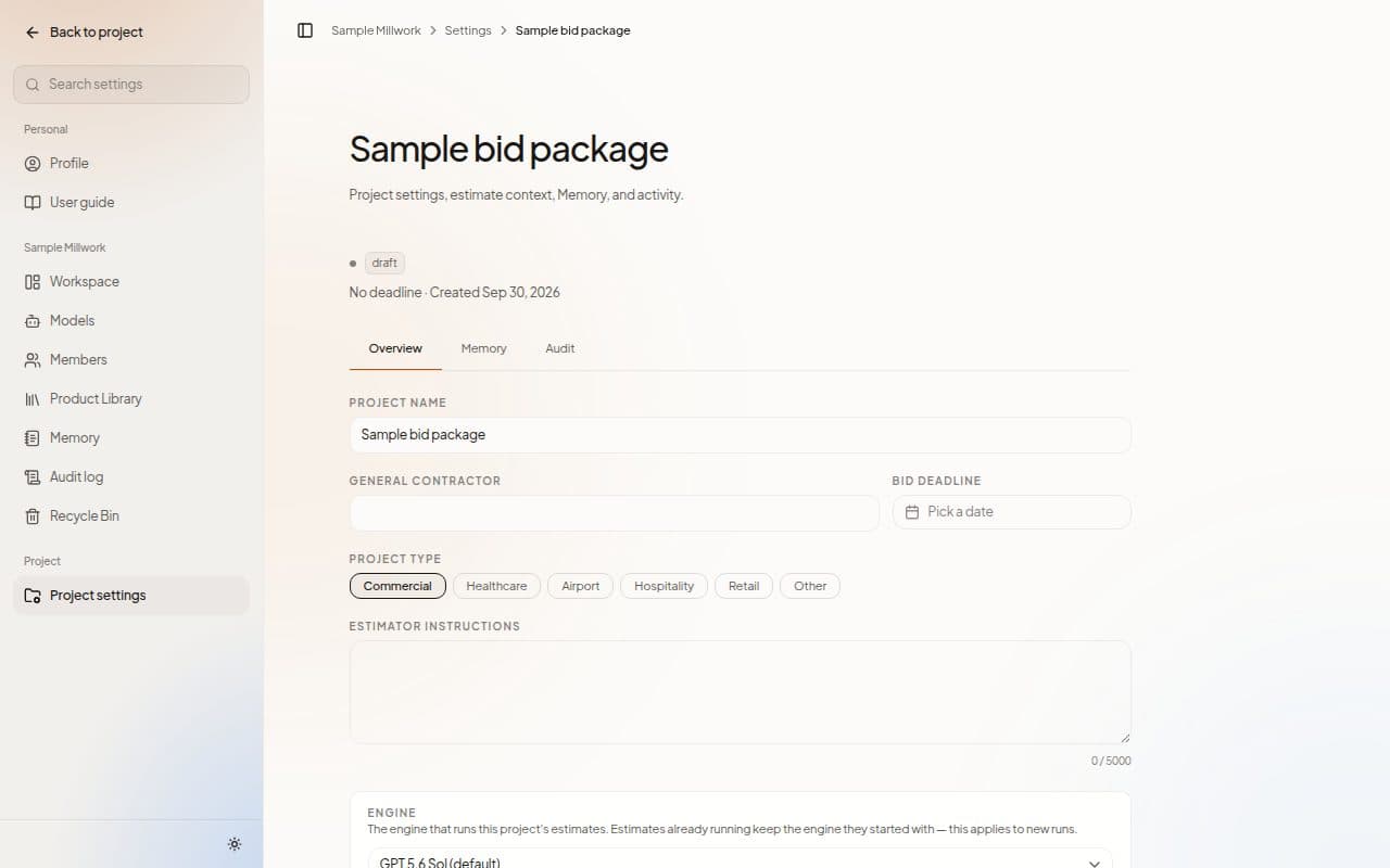 The Project settings page, with the Overview tab open