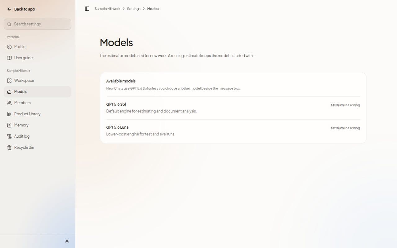 The Models page listing the available models