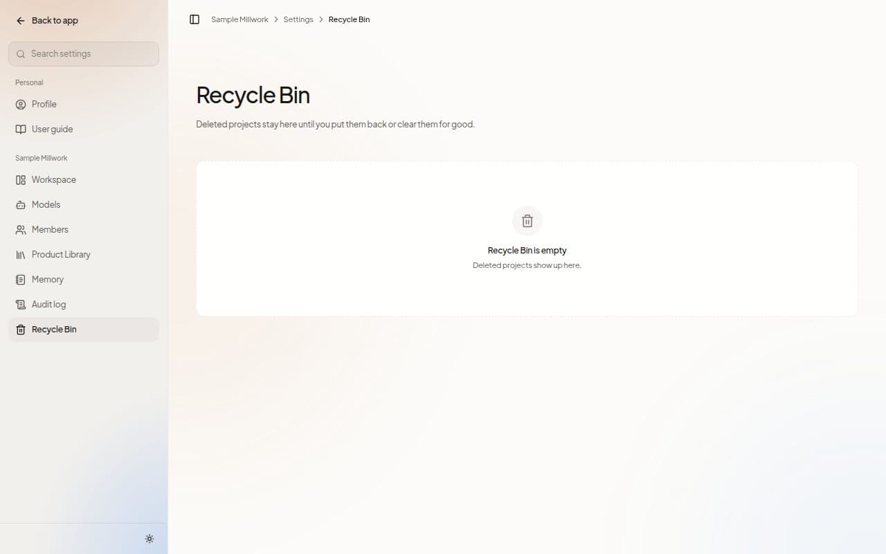The Recycle Bin page in Settings