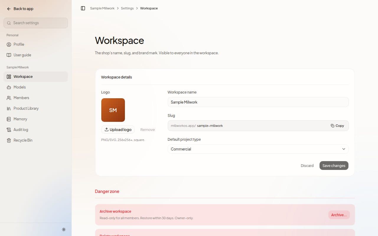 The Workspace settings page