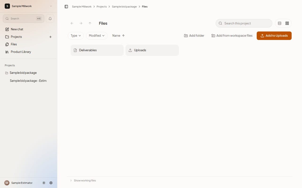 A Project's Files, with the Deliverables and Uploads folders